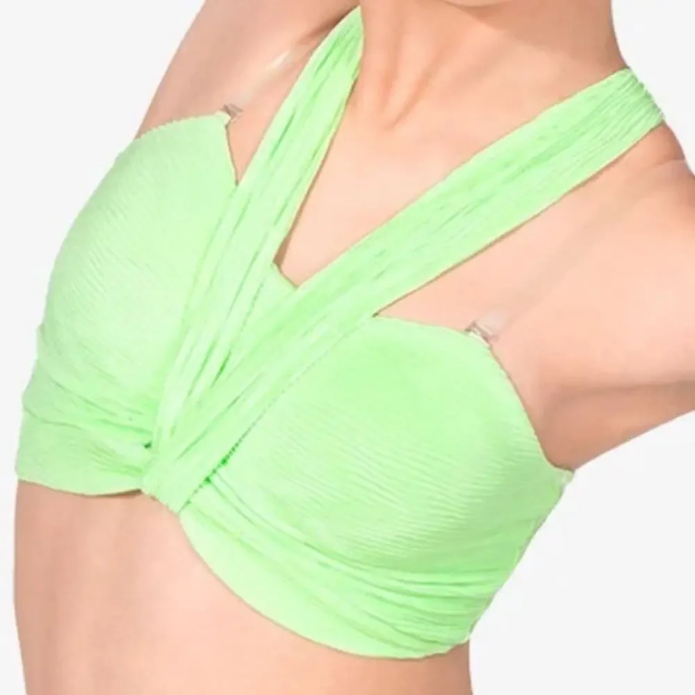 Double Platinum SET Lime Green Ribbed Knot Halter Dance top and Skirted brief AM